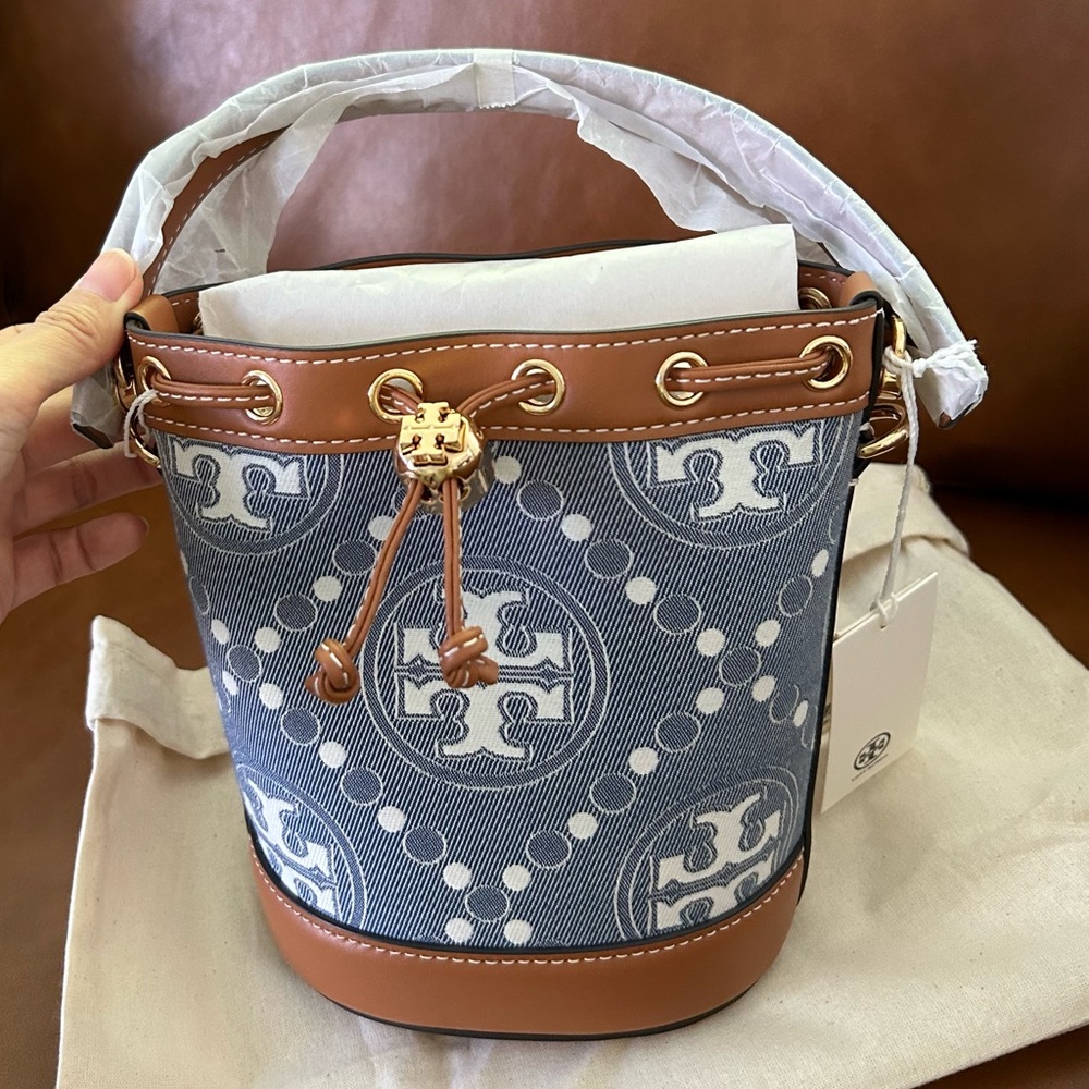 Tory Burch Mini T Monogram Denim Bucket Bag